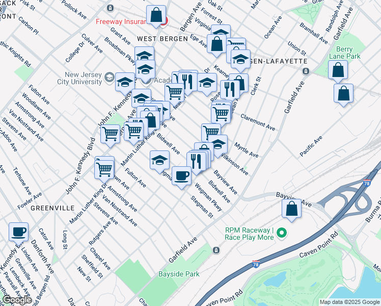map of restaurants, bars, coffee shops, grocery stores, and more near 114A Bayview Avenue in Jersey City