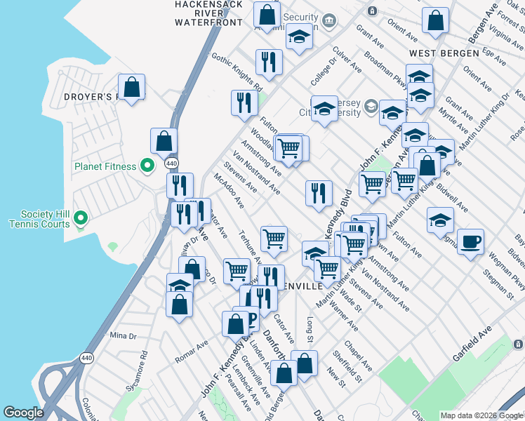 map of restaurants, bars, coffee shops, grocery stores, and more near 86 Sterling Avenue in Jersey City