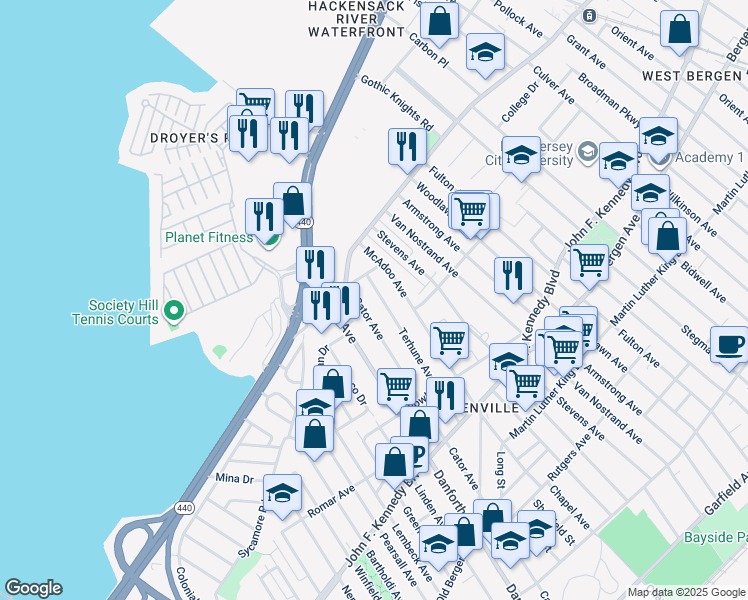 map of restaurants, bars, coffee shops, grocery stores, and more near in Jersey City