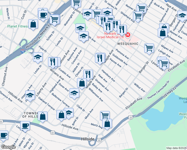 map of restaurants, bars, coffee shops, grocery stores, and more near 174 Keer Avenue in Newark