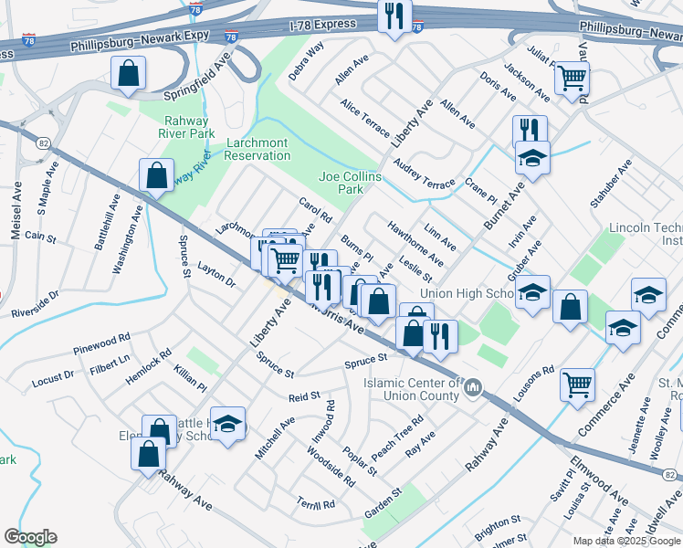 map of restaurants, bars, coffee shops, grocery stores, and more near 2657 Morris Avenue in Union
