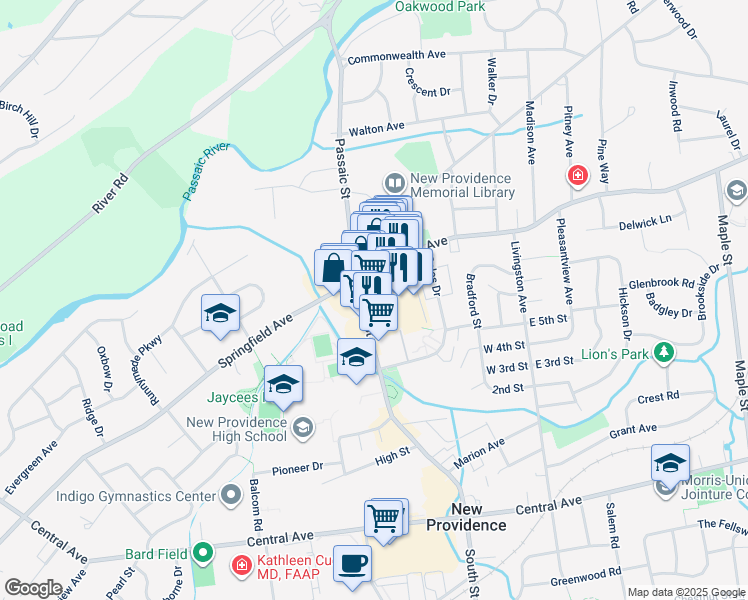 map of restaurants, bars, coffee shops, grocery stores, and more near 14 South Street in New Providence