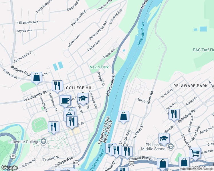 map of restaurants, bars, coffee shops, grocery stores, and more near 620 Weygadt Drive in Easton
