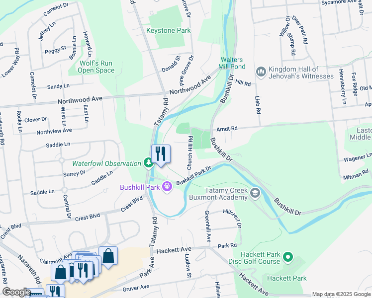 map of restaurants, bars, coffee shops, grocery stores, and more near 2048 Arndt Road in Easton