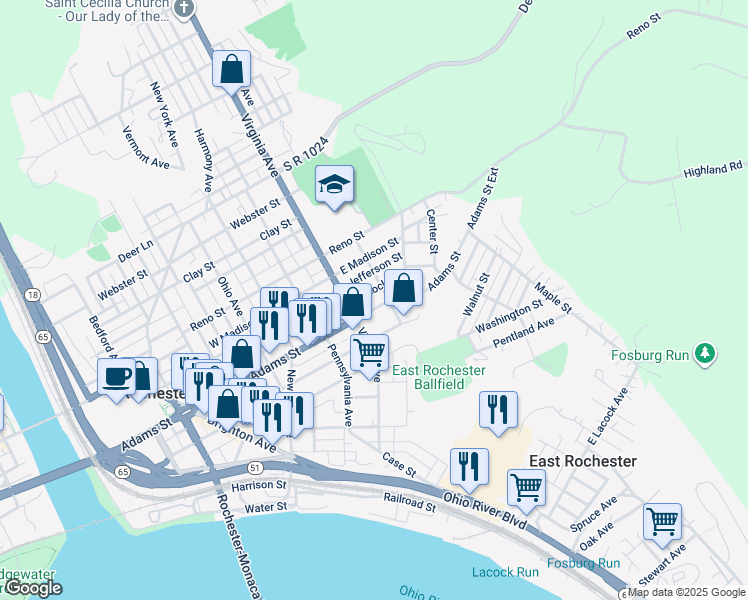 map of restaurants, bars, coffee shops, grocery stores, and more near 535 Lacock Street in Rochester