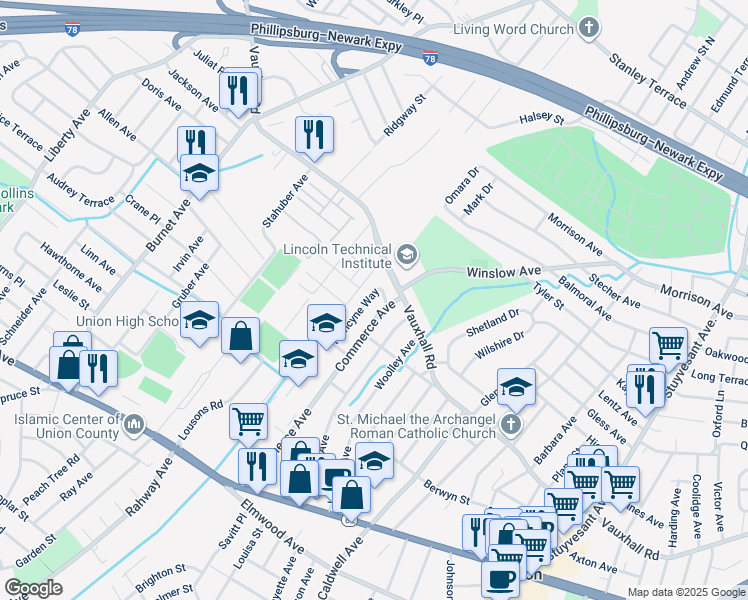 map of restaurants, bars, coffee shops, grocery stores, and more near 1219 Francyne Way in Union