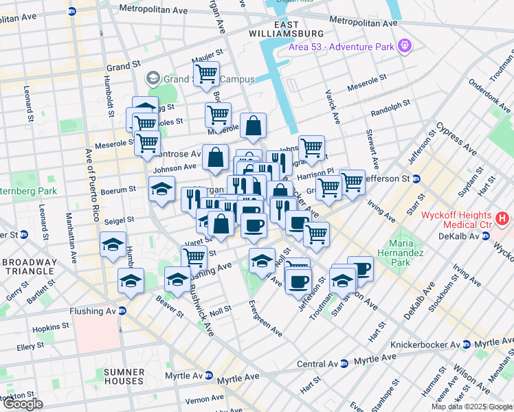 map of restaurants, bars, coffee shops, grocery stores, and more near 12 Harrison Place in Brooklyn