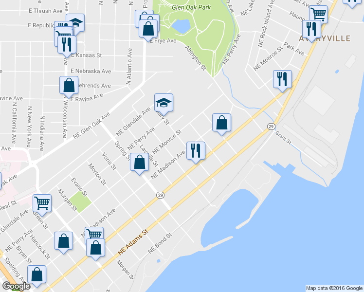 map of restaurants, bars, coffee shops, grocery stores, and more near 1525 Northeast Madison Avenue in Peoria