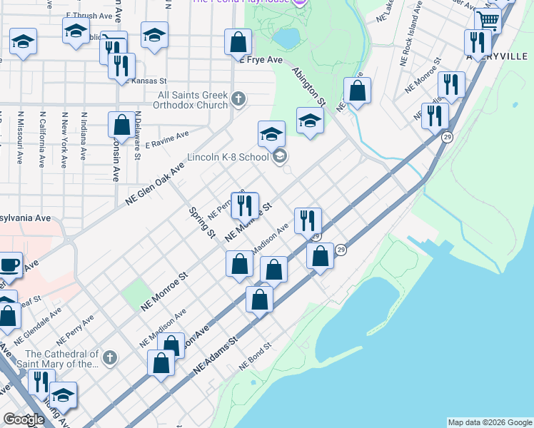 map of restaurants, bars, coffee shops, grocery stores, and more near 1500 Northeast Monroe Street in Peoria
