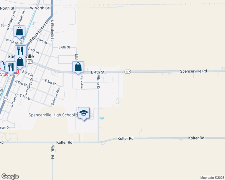map of restaurants, bars, coffee shops, grocery stores, and more near 751 Eastgate Drive in Spencerville