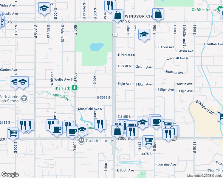 map of restaurants, bars, coffee shops, grocery stores, and more near 684 Leland Avenue South in Salt Lake City