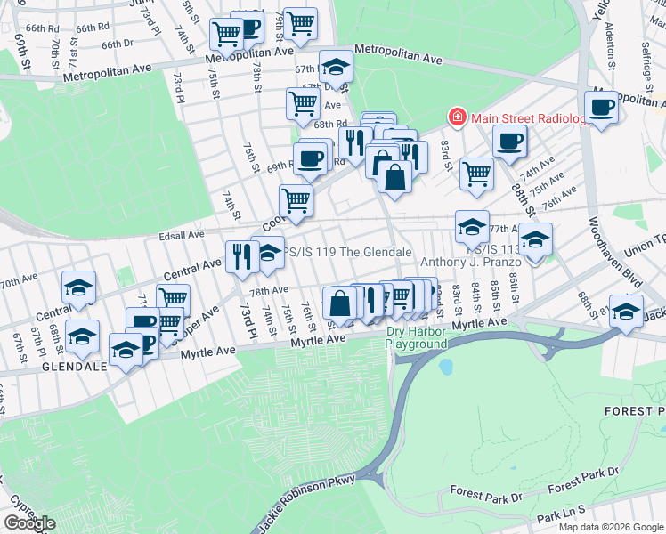 map of restaurants, bars, coffee shops, grocery stores, and more near 77-42 79th Street in Queens