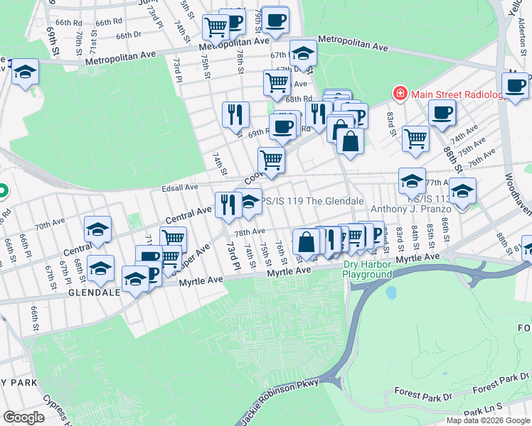 map of restaurants, bars, coffee shops, grocery stores, and more near 77-47 76th Street in Queens