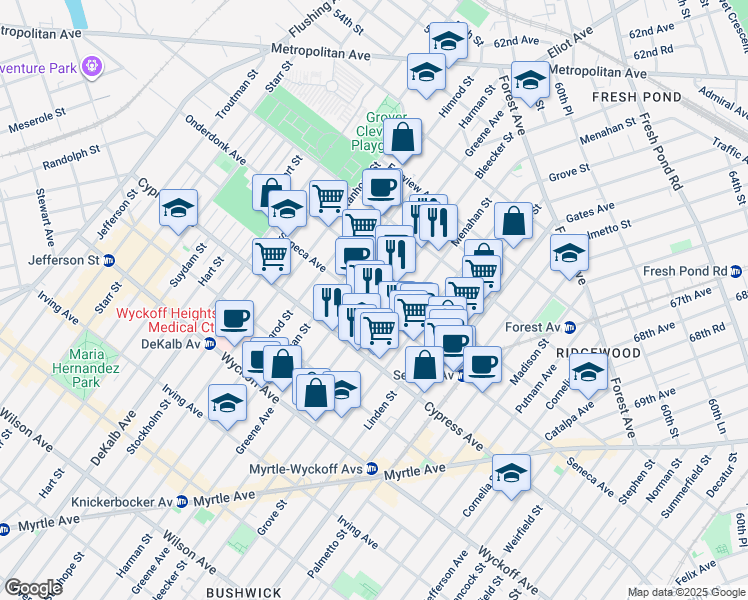 map of restaurants, bars, coffee shops, grocery stores, and more near 511 Seneca Avenue in Queens