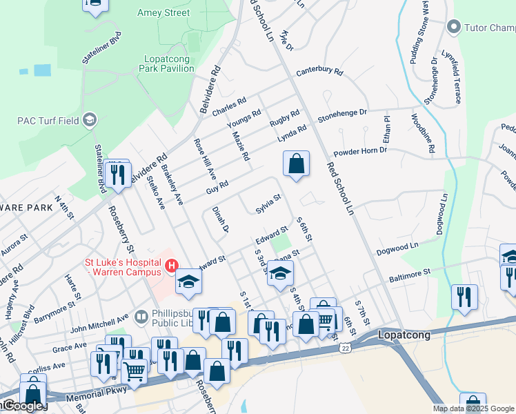 map of restaurants, bars, coffee shops, grocery stores, and more near 19 Sylvia Street in Phillipsburg