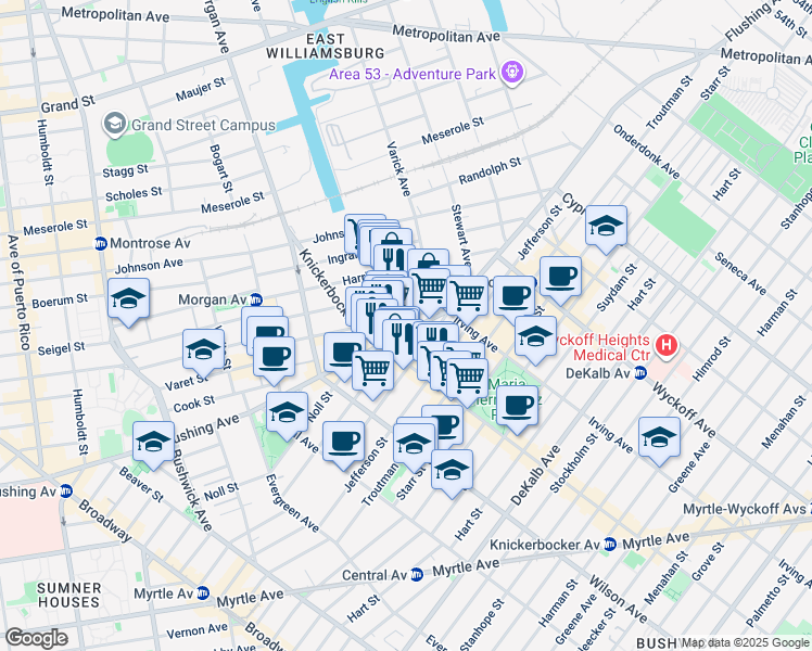 map of restaurants, bars, coffee shops, grocery stores, and more near 1119 Flushing Avenue in Brooklyn