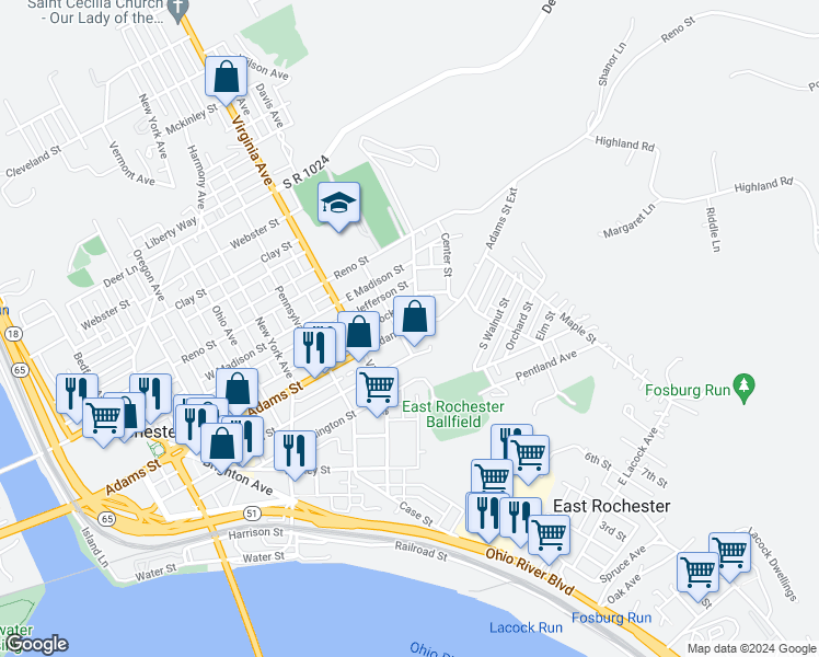 map of restaurants, bars, coffee shops, grocery stores, and more near 559 Adams Street in Rochester