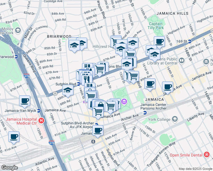 map of restaurants, bars, coffee shops, grocery stores, and more near 148-48 88th Avenue in Queens