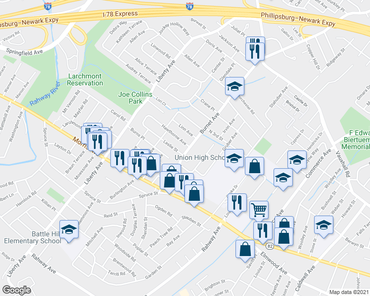 map of restaurants, bars, coffee shops, grocery stores, and more near 2501 Hawthorne Avenue in Union
