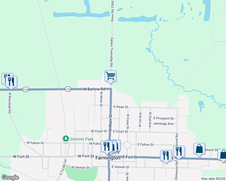 map of restaurants, bars, coffee shops, grocery stores, and more near 585 North Main Street in Farmington
