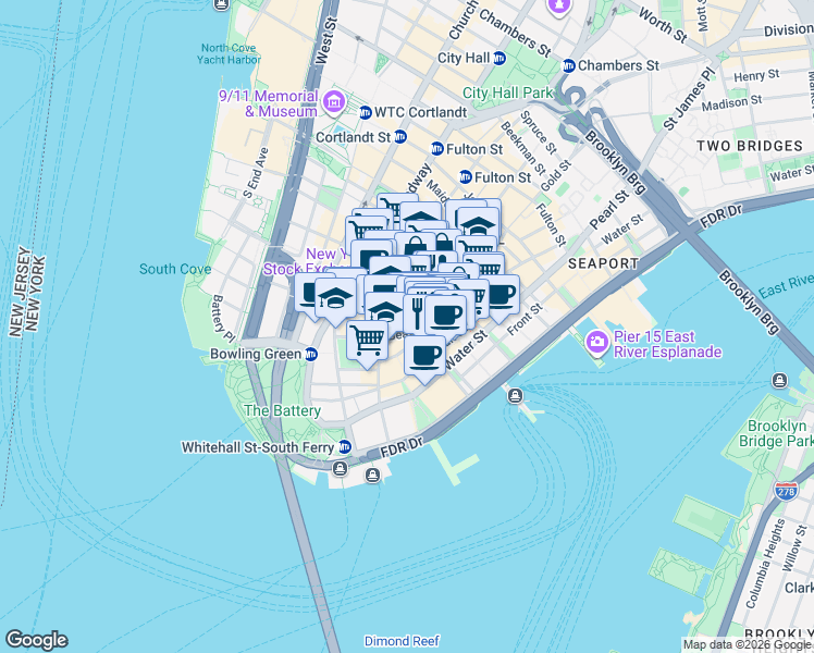 map of restaurants, bars, coffee shops, grocery stores, and more near 15 William Street in New York