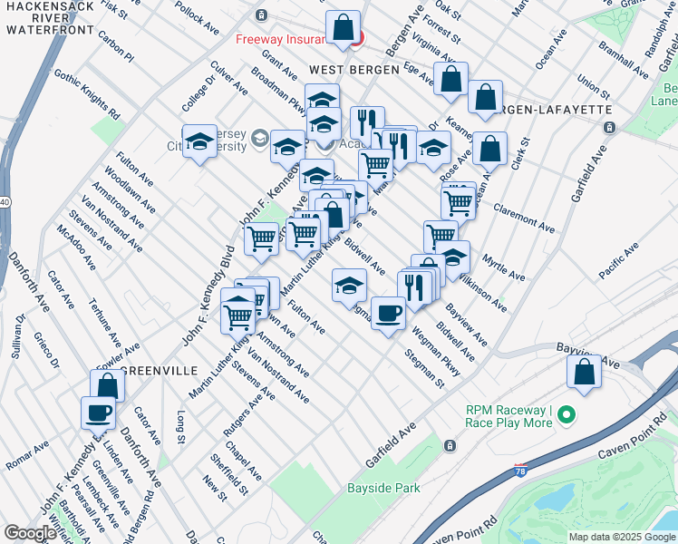 map of restaurants, bars, coffee shops, grocery stores, and more near 171 Wegman Parkway in Jersey City