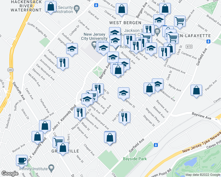 map of restaurants, bars, coffee shops, grocery stores, and more near 211 Stegman Street in Jersey City