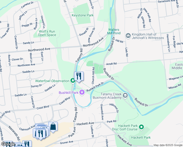 map of restaurants, bars, coffee shops, grocery stores, and more near 2048 Arndt Road in Easton