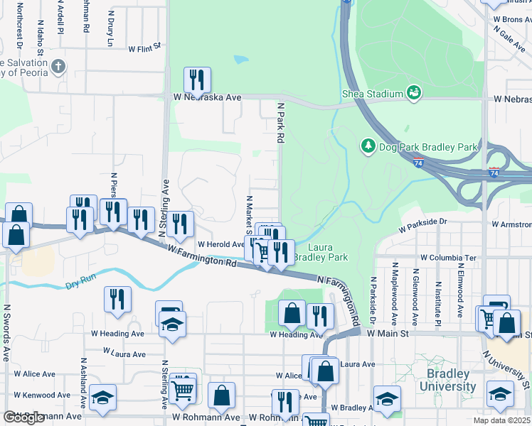 map of restaurants, bars, coffee shops, grocery stores, and more near 2114 West Dakota Street in West Peoria
