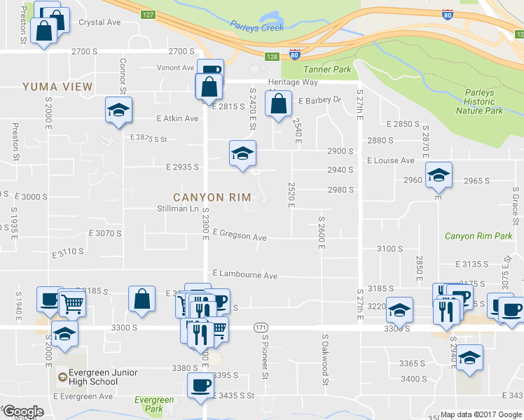 map of restaurants, bars, coffee shops, grocery stores, and more near 2439 Wood Willow Circle in Salt Lake City