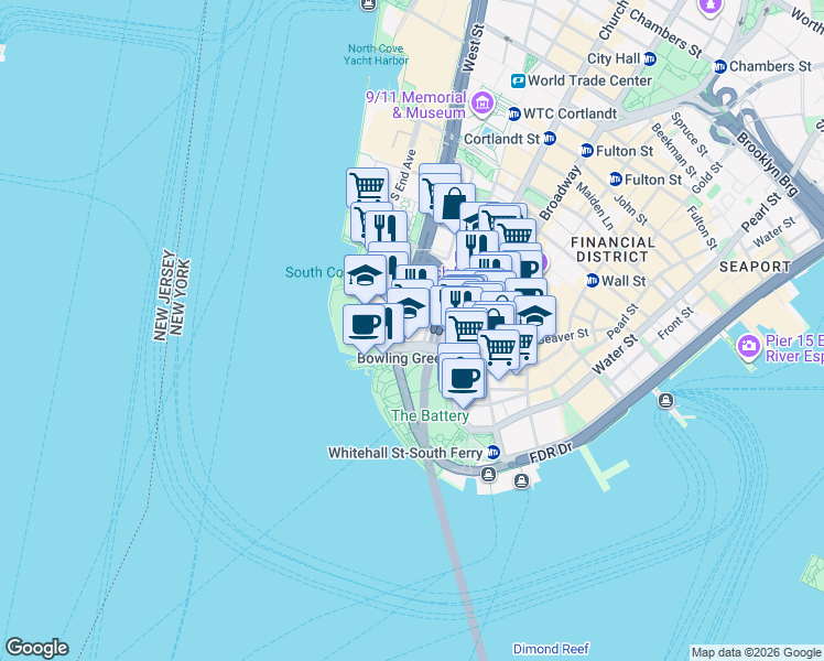 map of restaurants, bars, coffee shops, grocery stores, and more near 1 West Street in New York