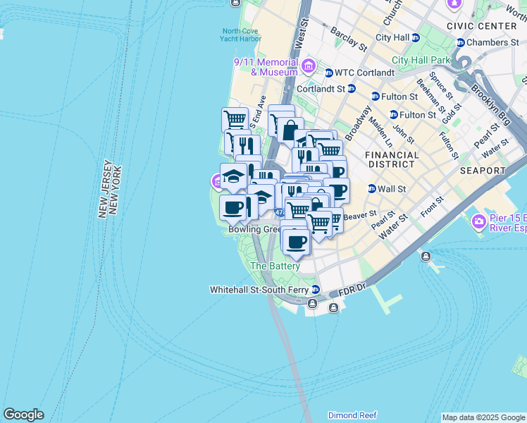 map of restaurants, bars, coffee shops, grocery stores, and more near 1 West Street in New York