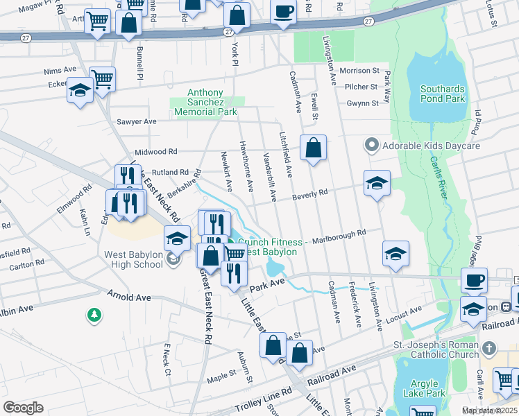 map of restaurants, bars, coffee shops, grocery stores, and more near 184 Beverly Road in West Babylon