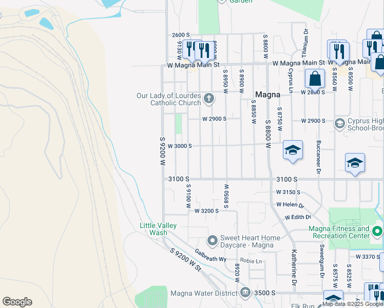map of restaurants, bars, coffee shops, grocery stores, and more near 3016 South 9100 West in Magna