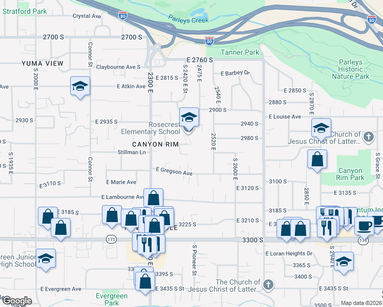 map of restaurants, bars, coffee shops, grocery stores, and more near 2439 Wood Willow Circle in Salt Lake City