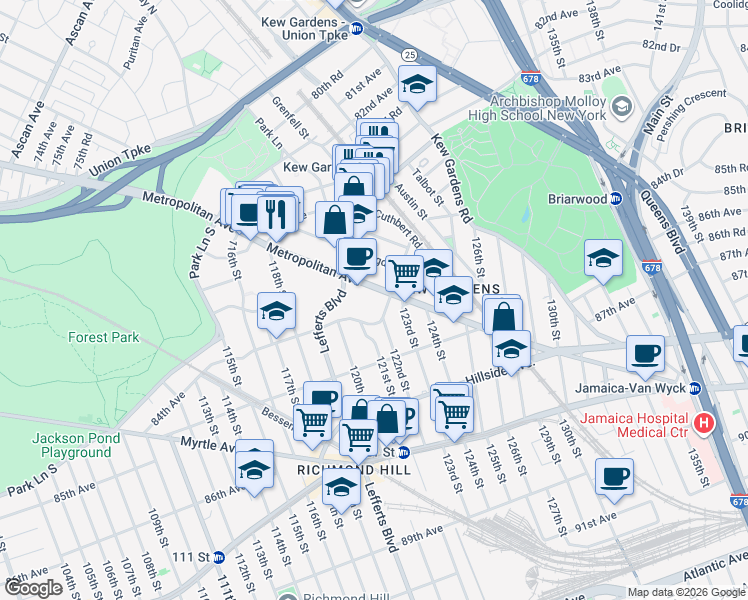 map of restaurants, bars, coffee shops, grocery stores, and more near 11956 Metropolitan Avenue in Queens