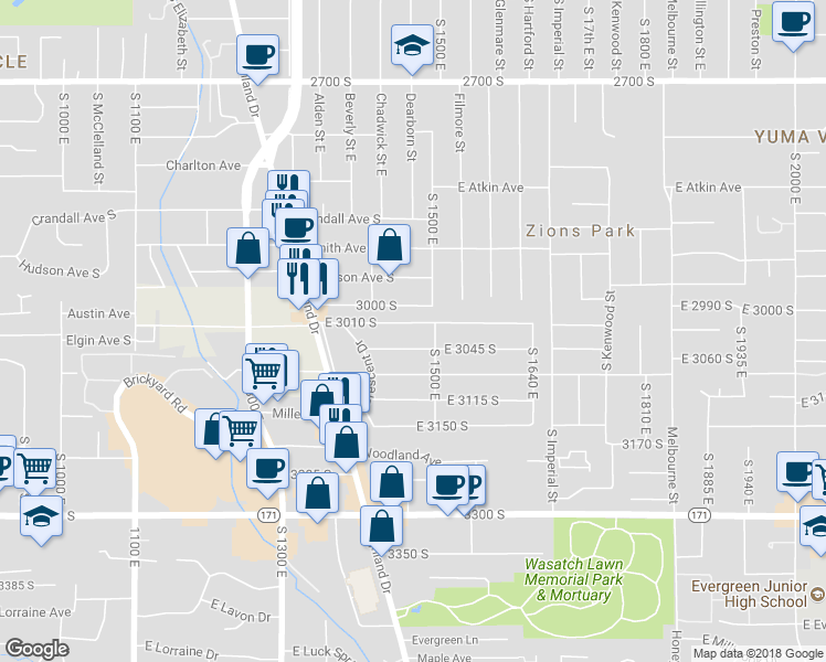map of restaurants, bars, coffee shops, grocery stores, and more near 1476 East 3010 South in Salt Lake City