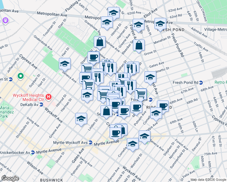 map of restaurants, bars, coffee shops, grocery stores, and more near 18-68 Grove Street in Queens
