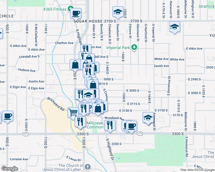 map of restaurants, bars, coffee shops, grocery stores, and more near 1422 East 3010 South in Salt Lake City