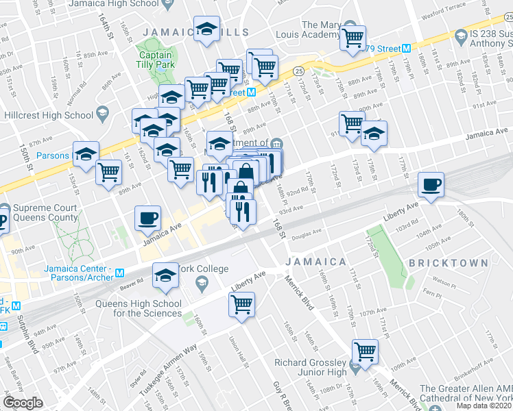 map of restaurants, bars, coffee shops, grocery stores, and more near 92-18 168th Street in Queens