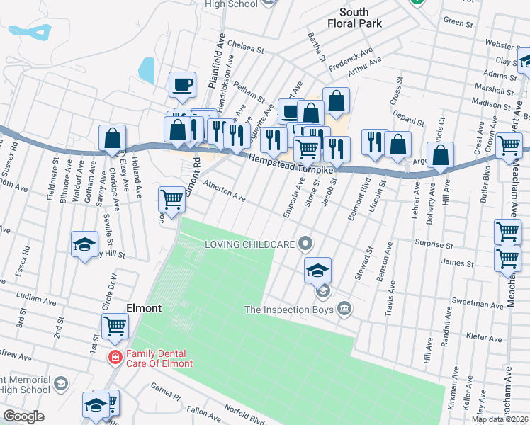 map of restaurants, bars, coffee shops, grocery stores, and more near 1723 Atherton Avenue in Elmont