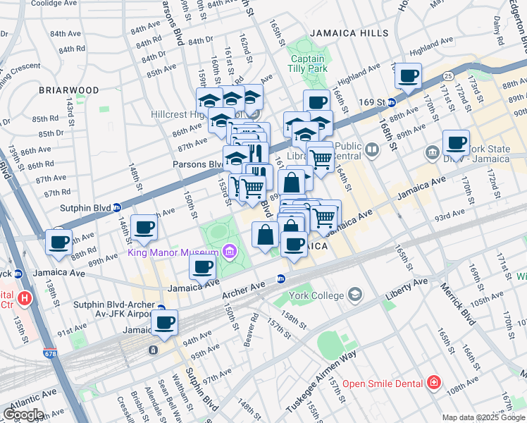map of restaurants, bars, coffee shops, grocery stores, and more near 89-14 Parsons Boulevard in Queens