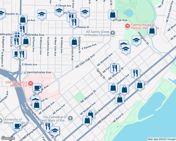 map of restaurants, bars, coffee shops, grocery stores, and more near 1121 Northeast Glendale Avenue in Peoria