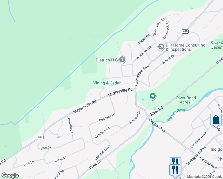 map of restaurants, bars, coffee shops, grocery stores, and more near 38 Meyersville Road in Chatham Township