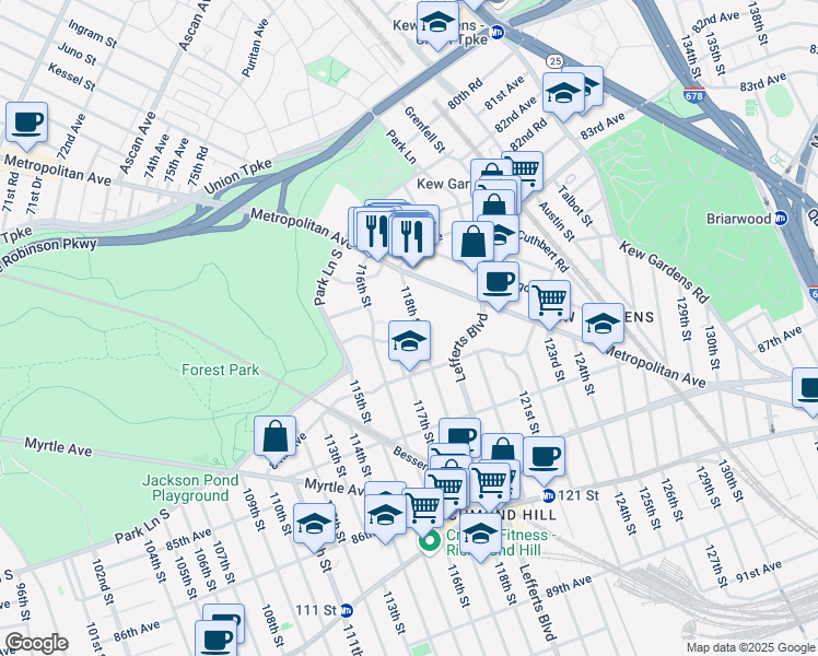 map of restaurants, bars, coffee shops, grocery stores, and more near 83-60 118th Street in Queens