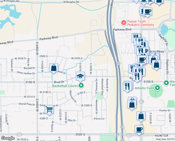 map of restaurants, bars, coffee shops, grocery stores, and more near 3013 South 6030 West in West Valley City