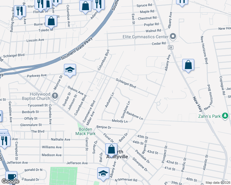 map of restaurants, bars, coffee shops, grocery stores, and more near 9 Autumn Lane in Amityville