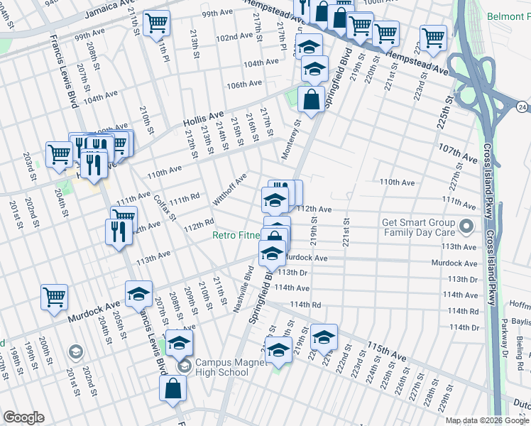 map of restaurants, bars, coffee shops, grocery stores, and more near 215-08 112th Avenue in Queens