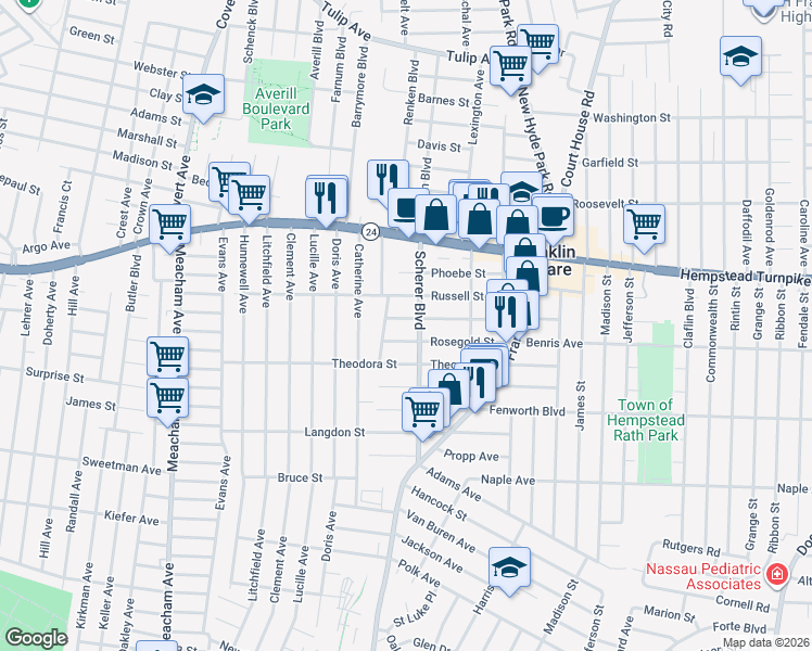 map of restaurants, bars, coffee shops, grocery stores, and more near 1115 Mosefan Street in Franklin Square