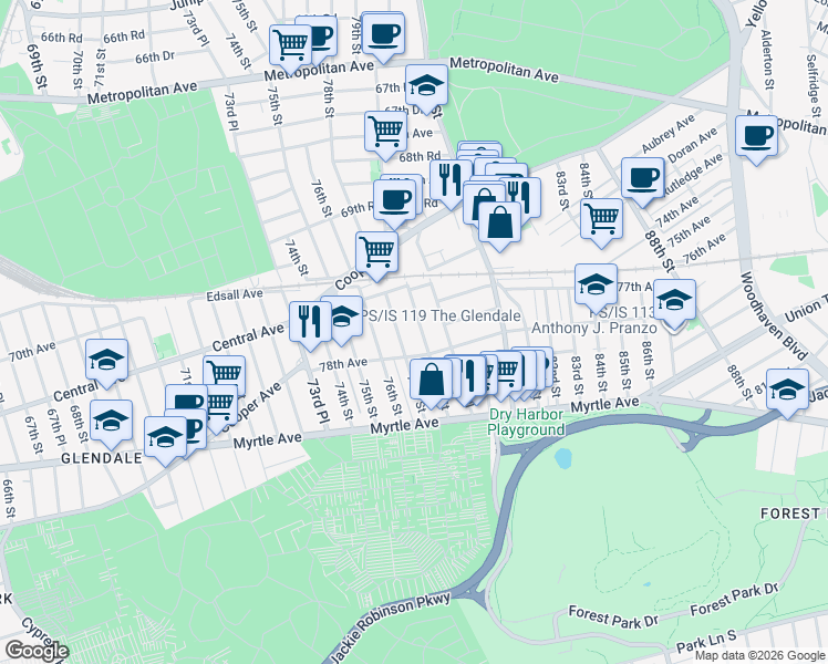 map of restaurants, bars, coffee shops, grocery stores, and more near 77-42 79th Street in Queens